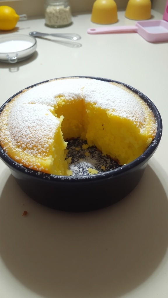 A fluffy yellow cake in a bowl, dusted with powdered sugar, with a slice cut out, on a kitchen countertop.